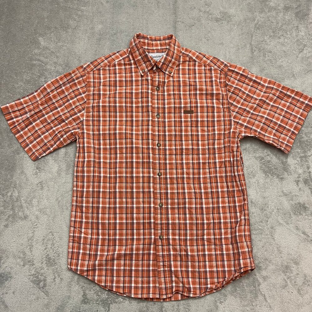 Carhartt Short Sleeve Shirt Men Size Medium Orange Plaid Cotton Button Down Work